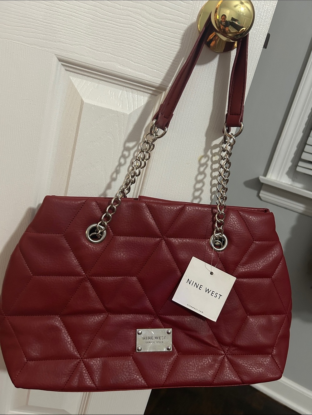Nine West Burgundy Quilted Shoulder Bag with Silver Chain